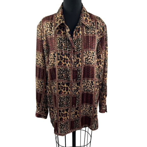 VINTAGE Yves St. Clair Button Down Shirt Top Leopard Print Long Sleeves Size 16 - Picture 1 of 9
